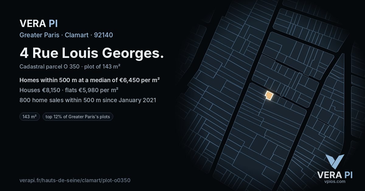 4 Rue Louis Georges, Clamart at night – the plot lit, the parcels around coloured by the prices near them