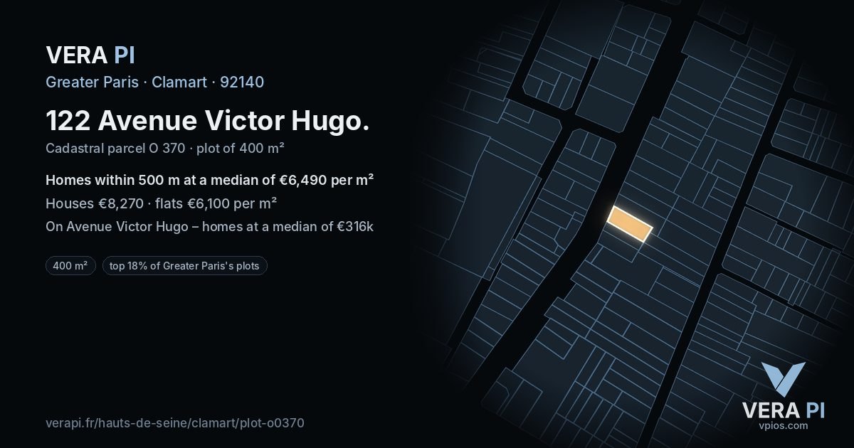 122 Avenue Victor Hugo, Clamart at night – the plot lit, the parcels around coloured by the prices near them