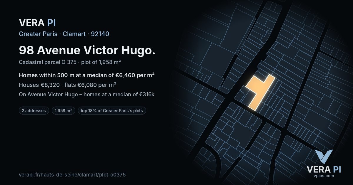 98 Avenue Victor Hugo, Clamart at night – the plot lit, the parcels around coloured by the prices near them