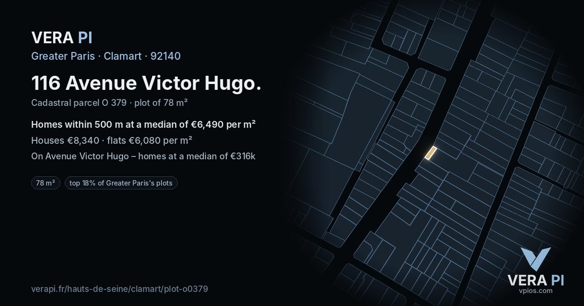 116 Avenue Victor Hugo, Clamart at night – the plot lit, the parcels around coloured by the prices near them