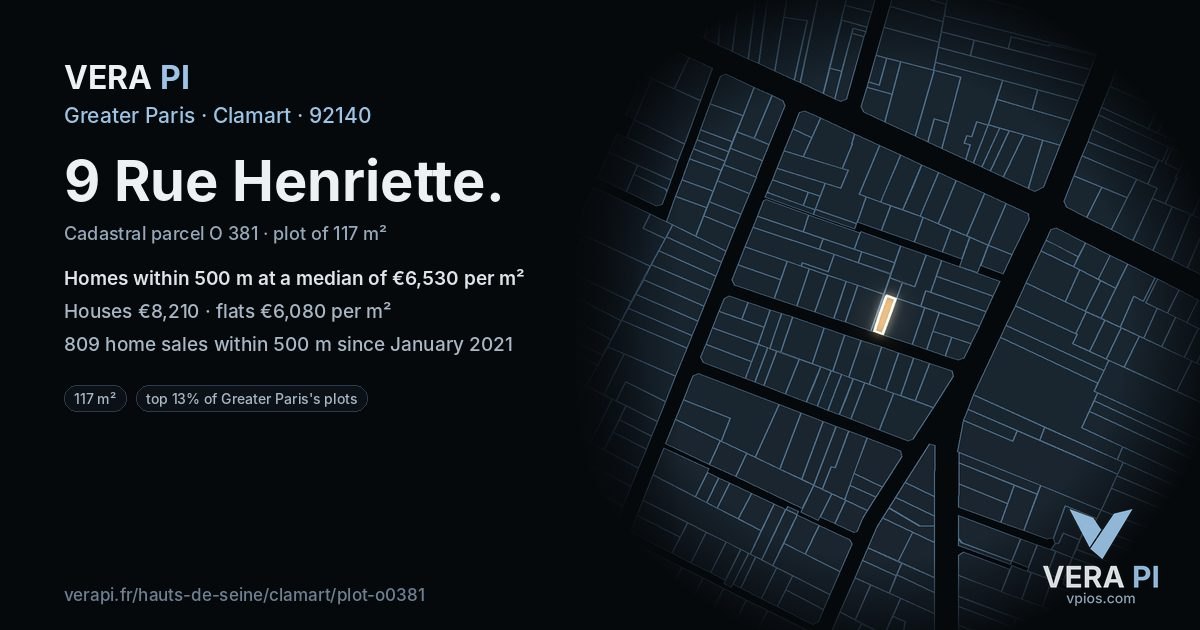 9 Rue Henriette, Clamart at night – the plot lit, the parcels around coloured by the prices near them