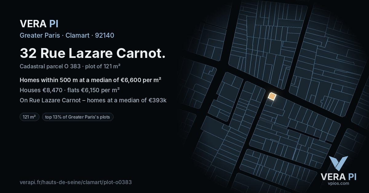 32 Rue Lazare Carnot, Clamart at night – the plot lit, the parcels around coloured by the prices near them