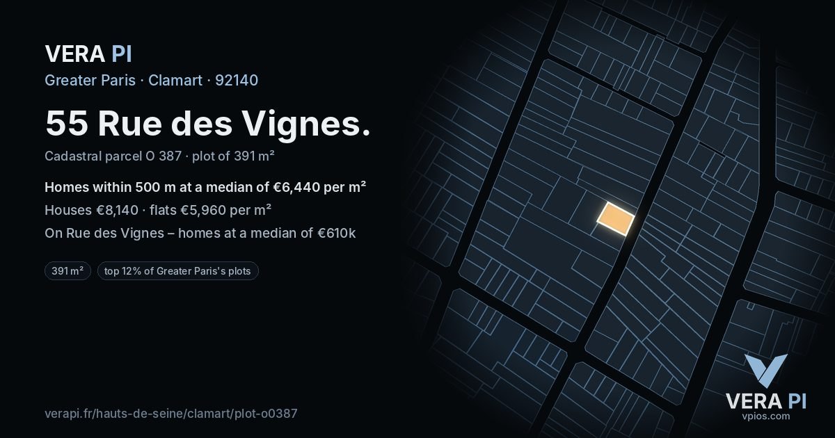 55 Rue des Vignes, Clamart at night – the plot lit, the parcels around coloured by the prices near them