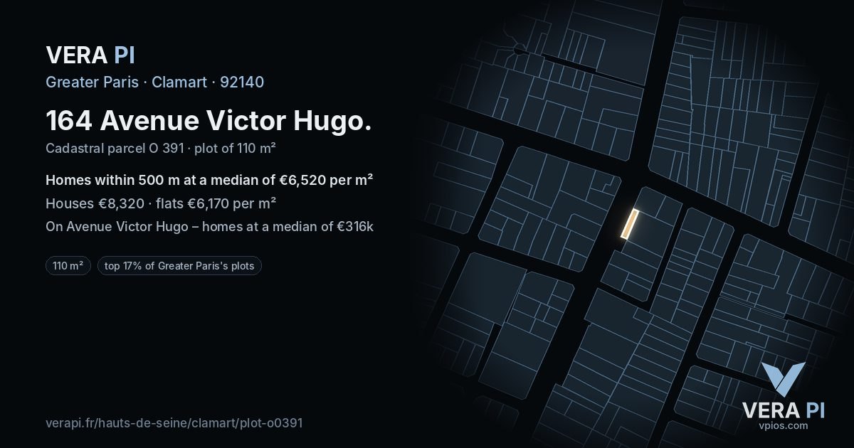 164 Avenue Victor Hugo, Clamart at night – the plot lit, the parcels around coloured by the prices near them