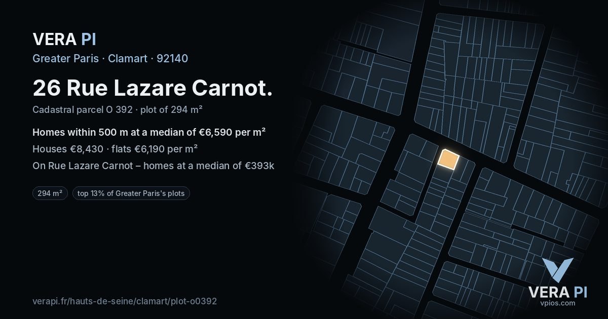 26 Rue Lazare Carnot, Clamart at night – the plot lit, the parcels around coloured by the prices near them