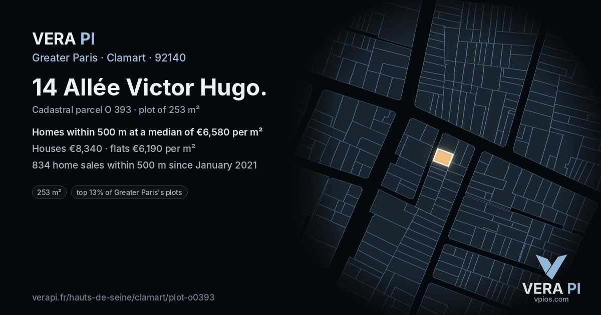 14 Allée Victor Hugo, Clamart at night – the plot lit, the parcels around coloured by the prices near them