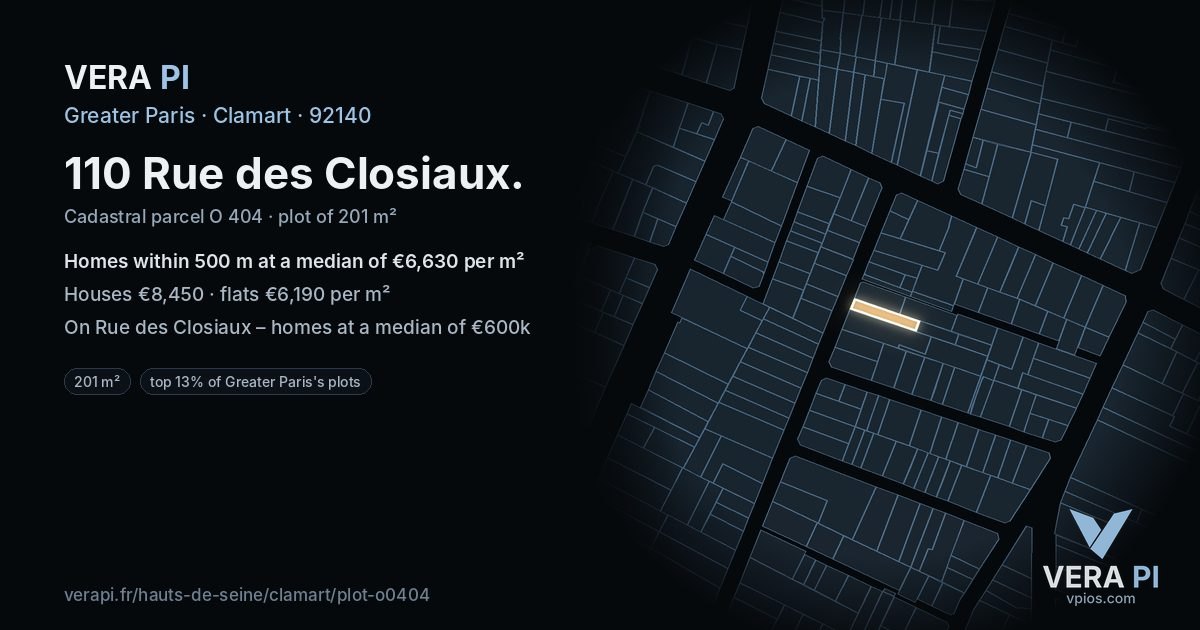 110 Rue des Closiaux, Clamart at night – the plot lit, the parcels around coloured by the prices near them