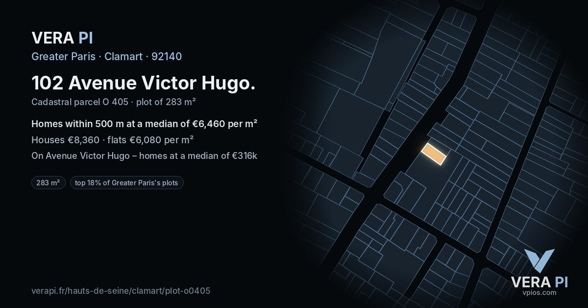 102 Avenue Victor Hugo, Clamart at night – the plot lit, the parcels around coloured by the prices near them
