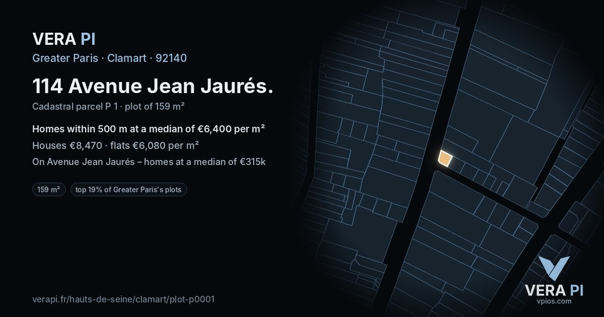 114 Avenue Jean Jaurés, Clamart at night – the plot lit, the parcels around coloured by the prices near them