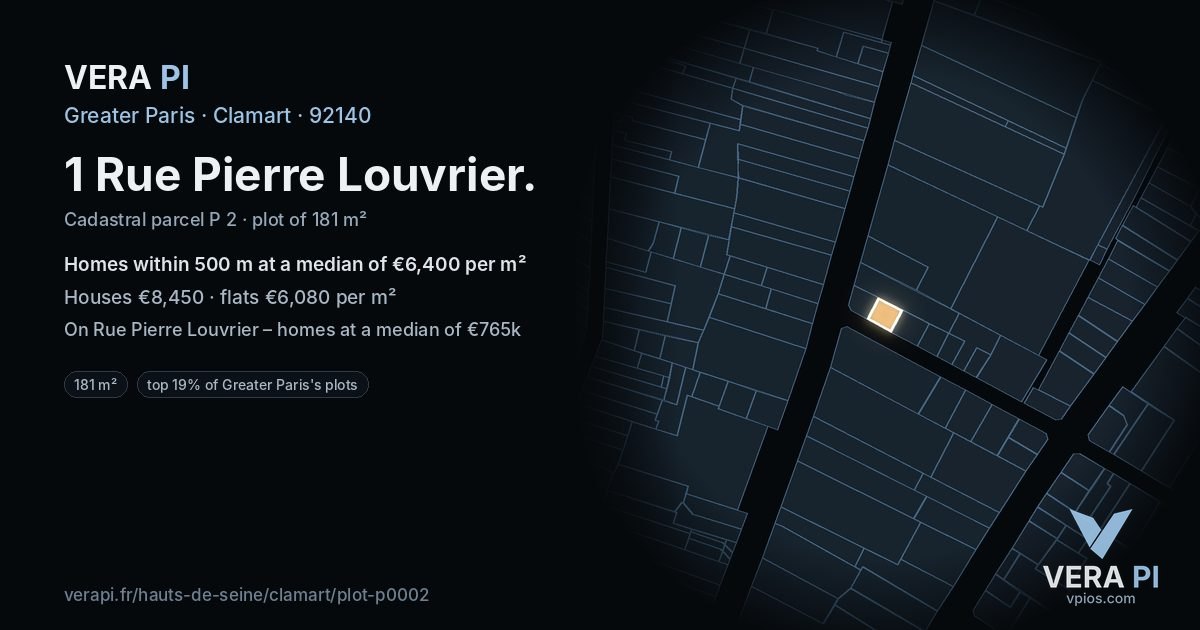 1 Rue Pierre Louvrier, Clamart at night – the plot lit, the parcels around coloured by the prices near them