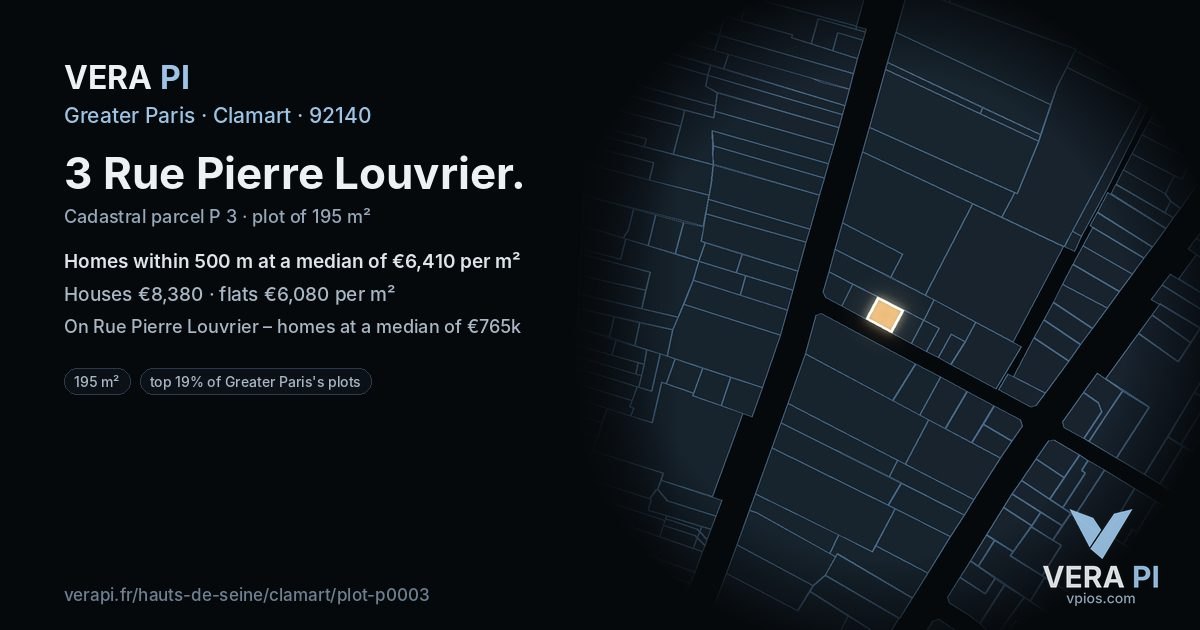 3 Rue Pierre Louvrier, Clamart at night – the plot lit, the parcels around coloured by the prices near them
