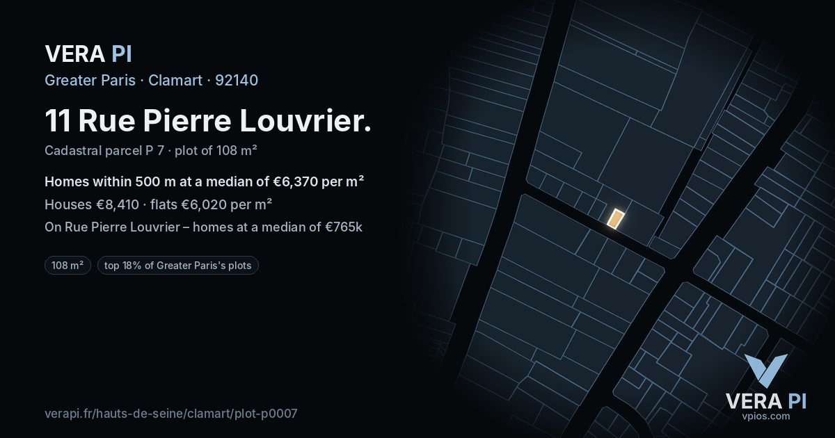 11 Rue Pierre Louvrier, Clamart at night – the plot lit, the parcels around coloured by the prices near them