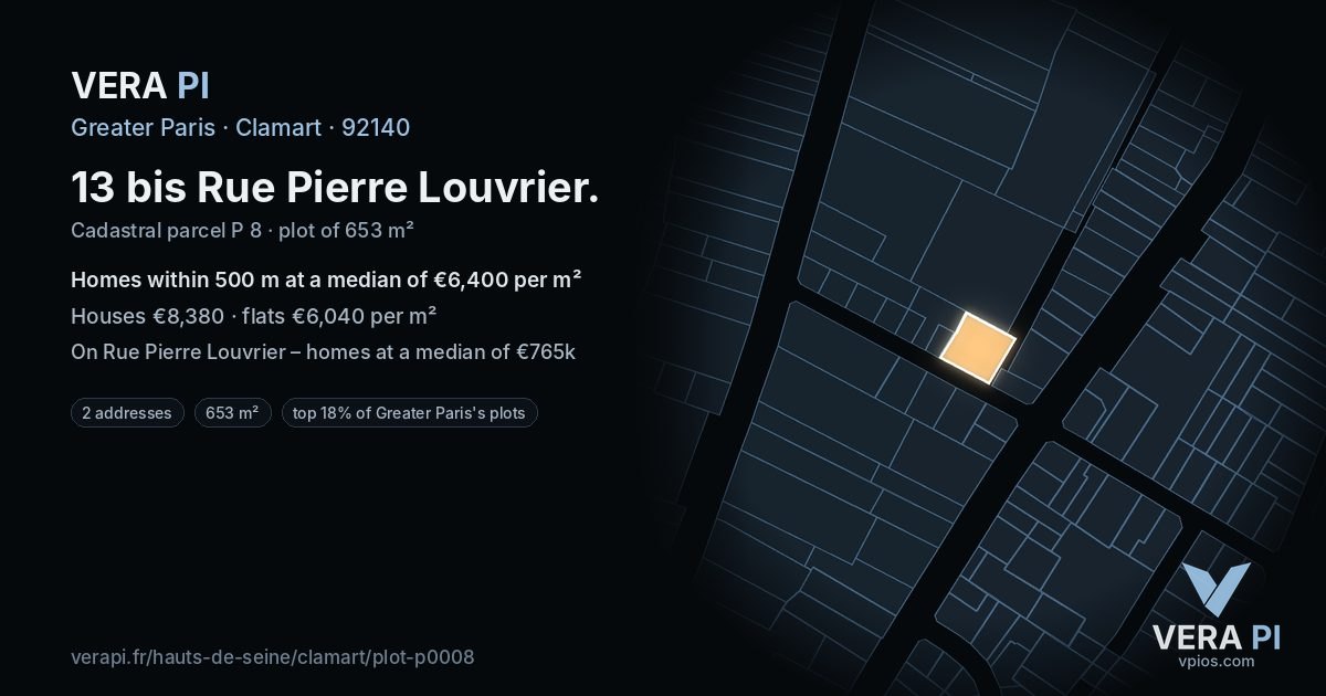 13 bis Rue Pierre Louvrier, Clamart at night – the plot lit, the parcels around coloured by the prices near them