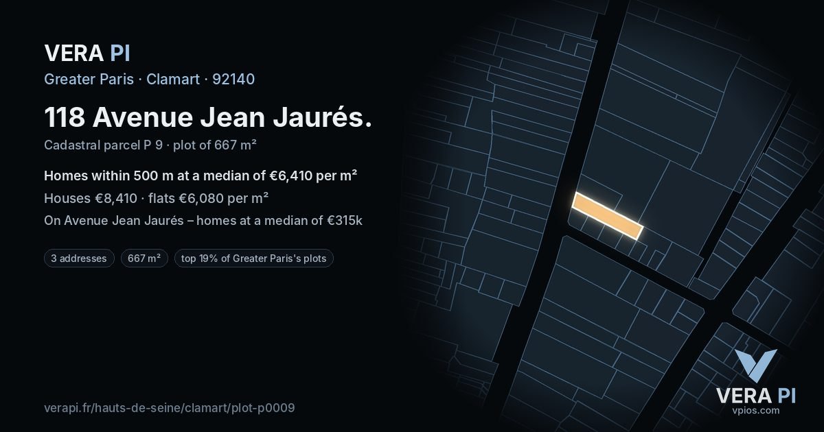 118 Avenue Jean Jaurés, Clamart at night – the plot lit, the parcels around coloured by the prices near them