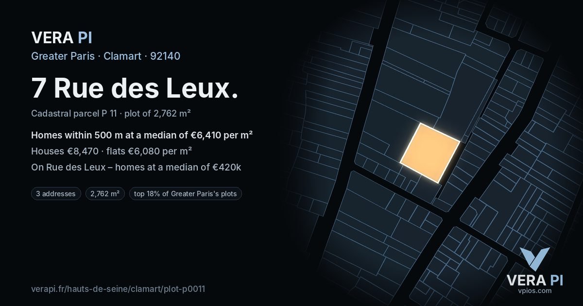 7 Rue des Leux, Clamart at night – the plot lit, the parcels around coloured by the prices near them