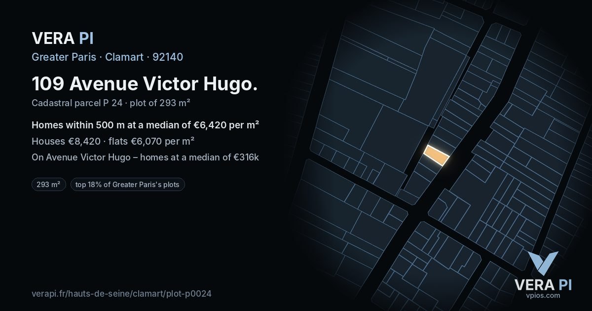 109 Avenue Victor Hugo, Clamart at night – the plot lit, the parcels around coloured by the prices near them