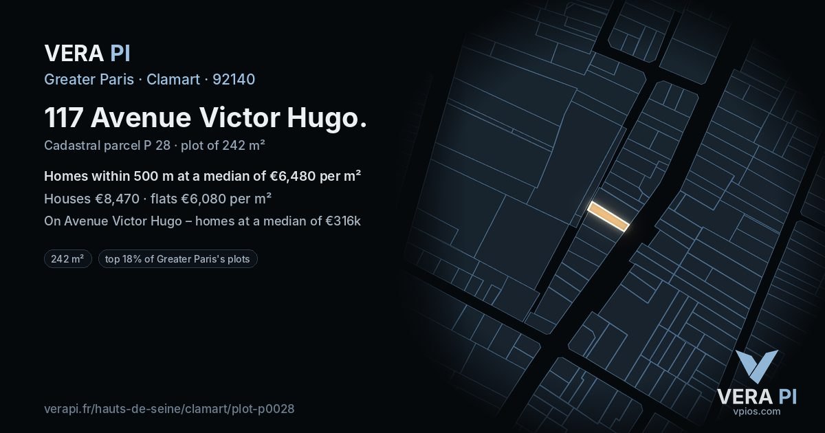 117 Avenue Victor Hugo, Clamart at night – the plot lit, the parcels around coloured by the prices near them