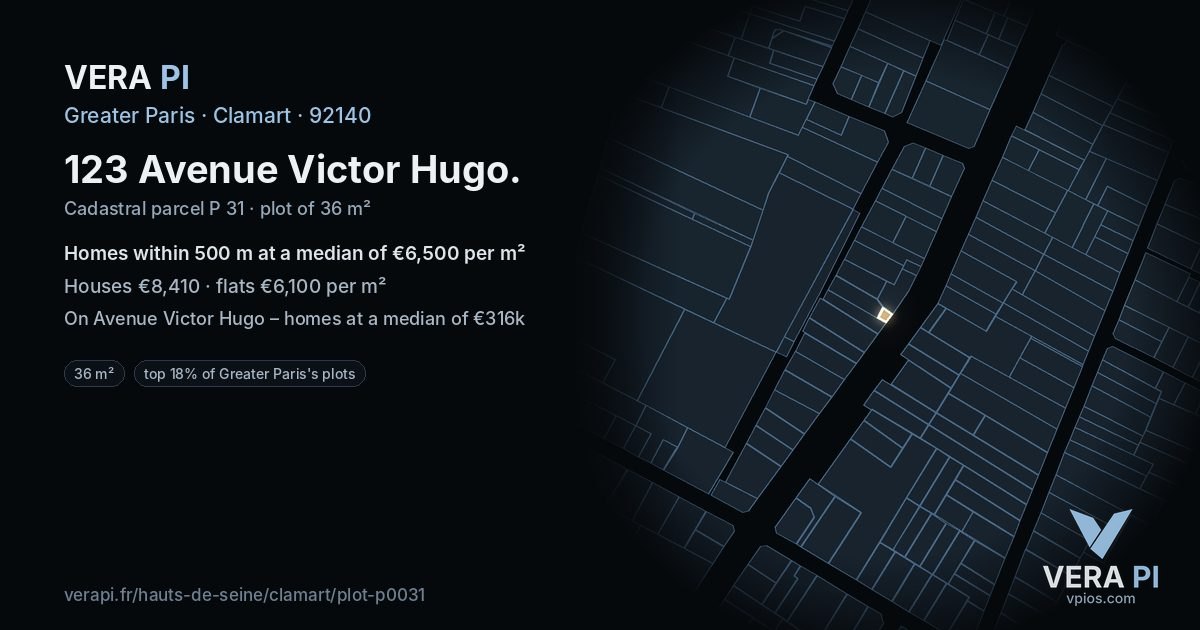 123 Avenue Victor Hugo, Clamart at night – the plot lit, the parcels around coloured by the prices near them