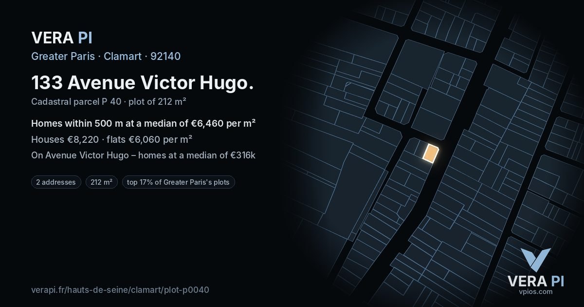 133 Avenue Victor Hugo, Clamart at night – the plot lit, the parcels around coloured by the prices near them