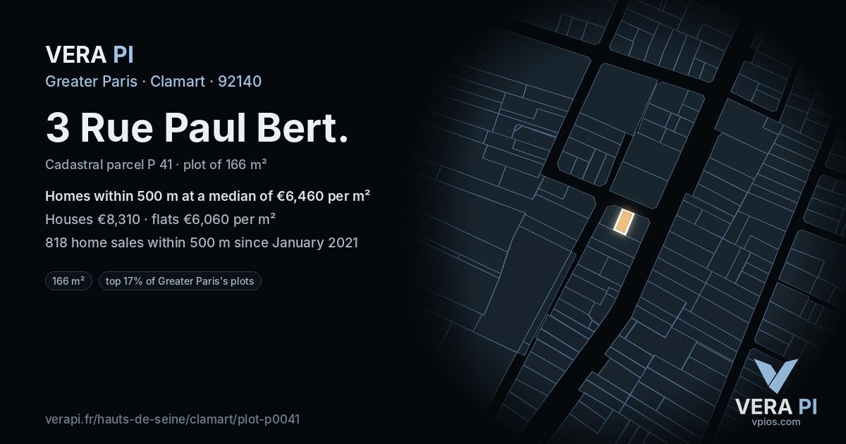 3 Rue Paul Bert, Clamart at night – the plot lit, the parcels around coloured by the prices near them