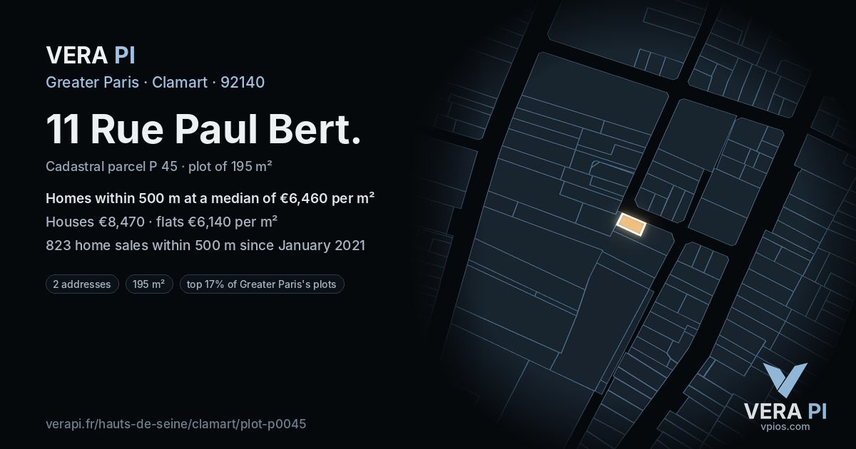 11 Rue Paul Bert, Clamart at night – the plot lit, the parcels around coloured by the prices near them