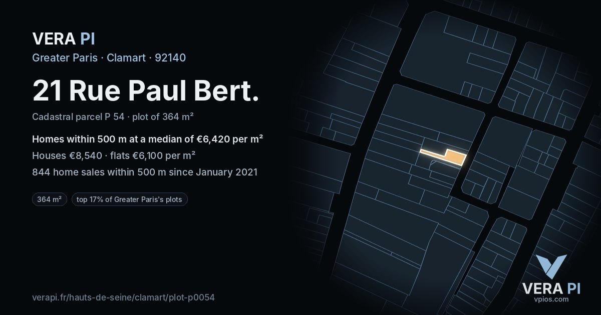 21 Rue Paul Bert, Clamart at night – the plot lit, the parcels around coloured by the prices near them