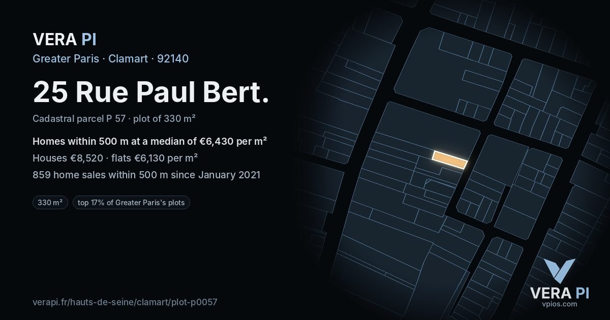 25 Rue Paul Bert, Clamart at night – the plot lit, the parcels around coloured by the prices near them