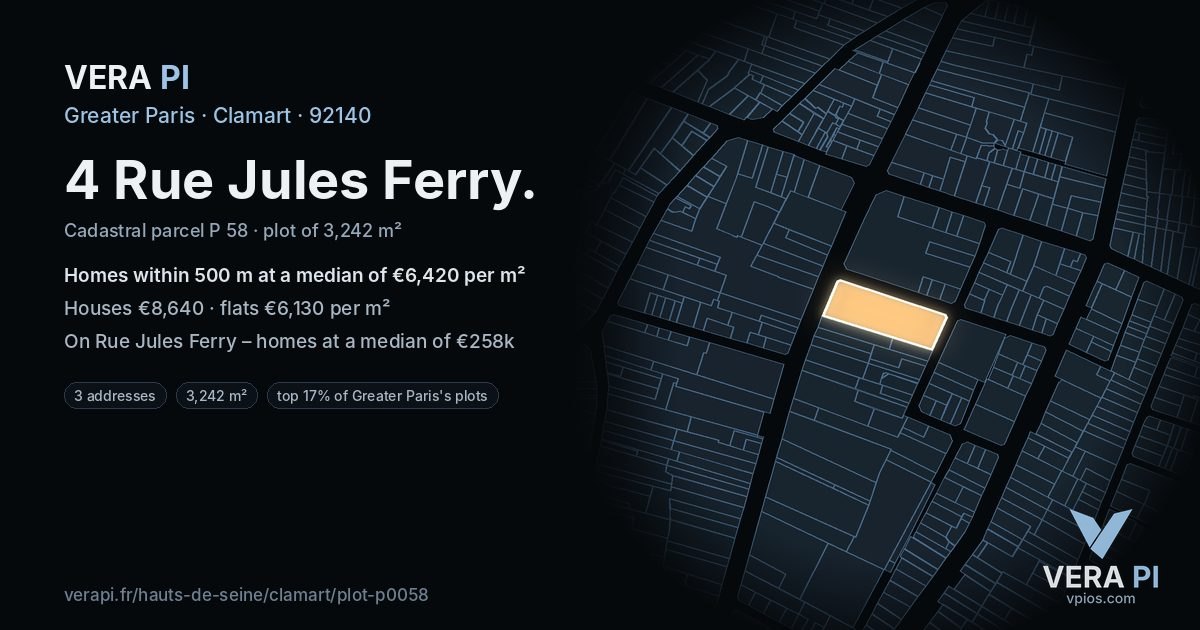 4 Rue Jules Ferry, Clamart at night – the plot lit, the parcels around coloured by the prices near them
