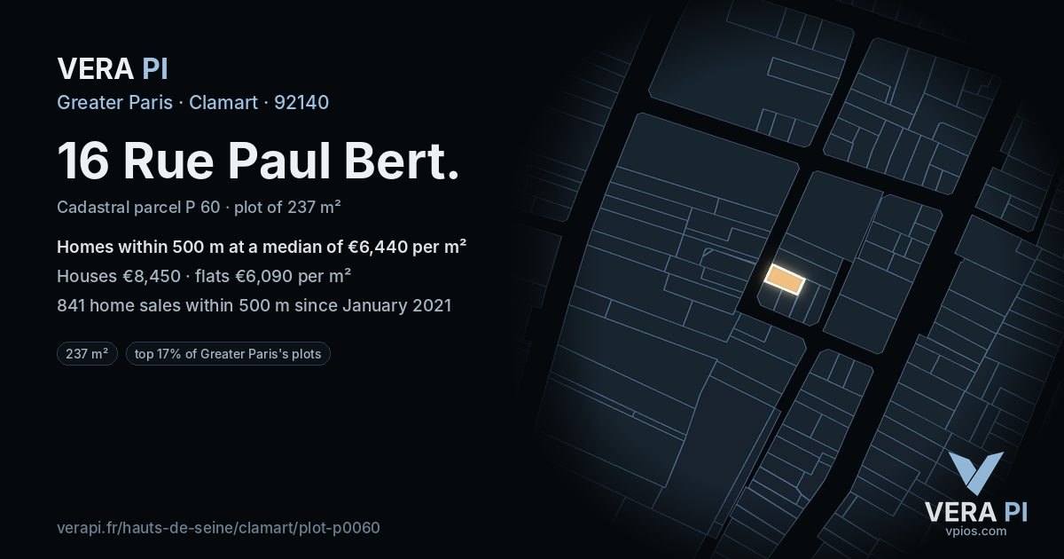 16 Rue Paul Bert, Clamart at night – the plot lit, the parcels around coloured by the prices near them