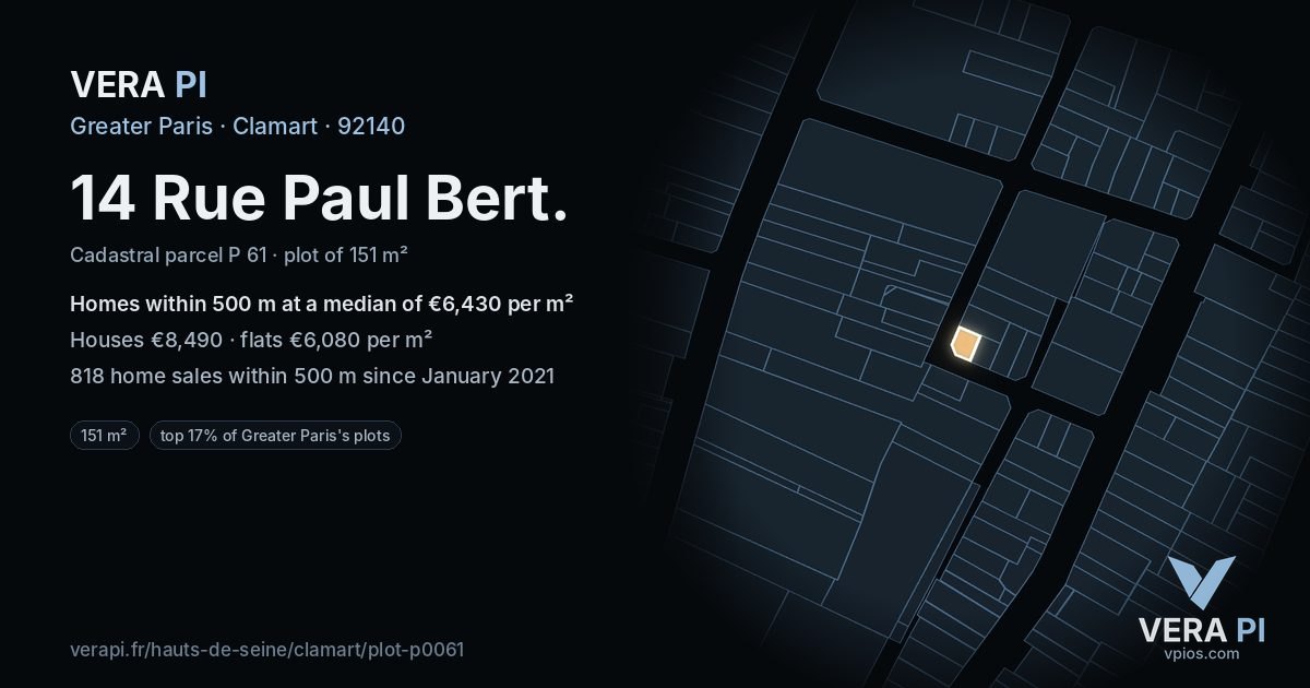 14 Rue Paul Bert, Clamart at night – the plot lit, the parcels around coloured by the prices near them