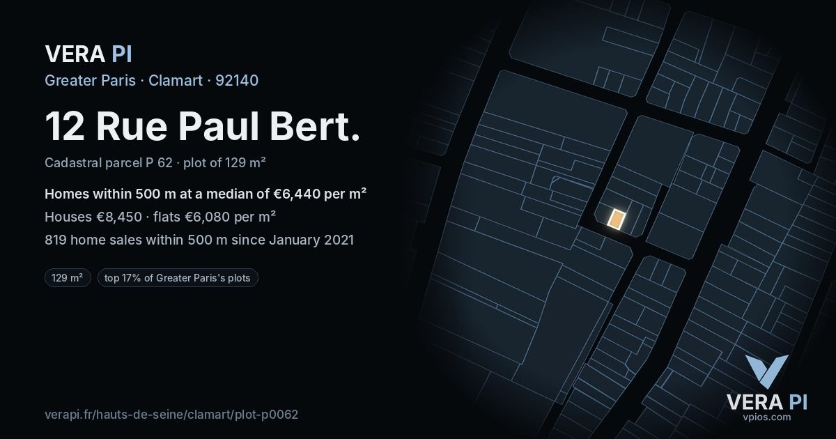 12 Rue Paul Bert, Clamart at night – the plot lit, the parcels around coloured by the prices near them
