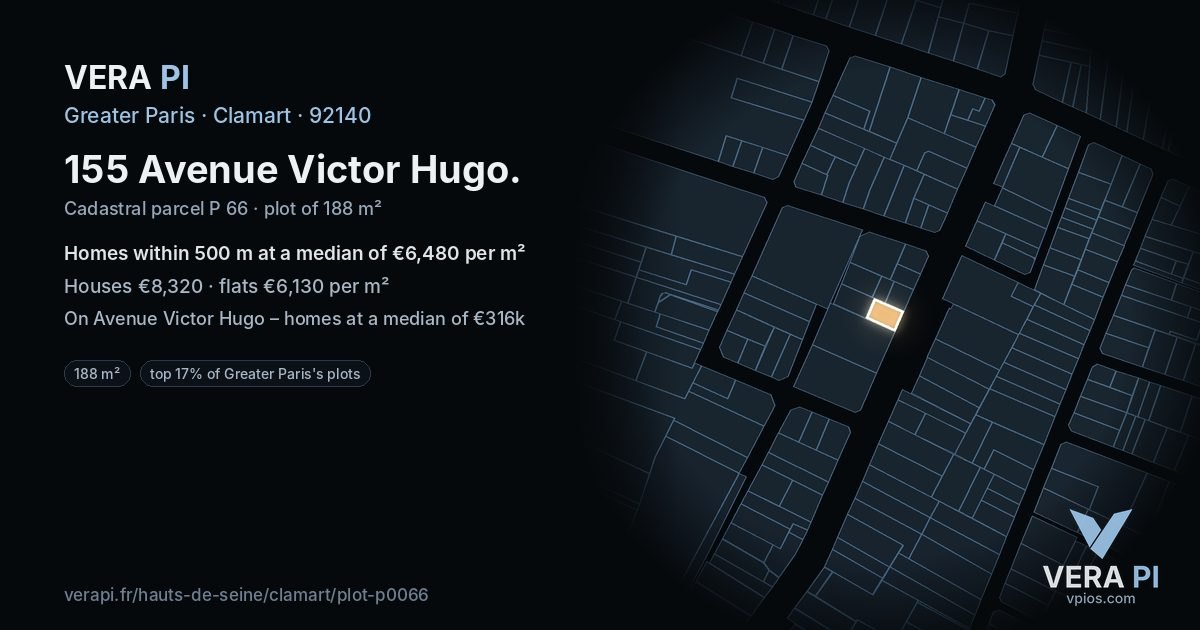 155 Avenue Victor Hugo, Clamart at night – the plot lit, the parcels around coloured by the prices near them