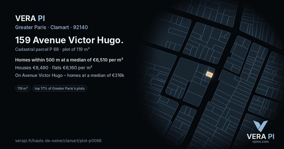 159 Avenue Victor Hugo, Clamart at night – the plot lit, the parcels around coloured by the prices near them