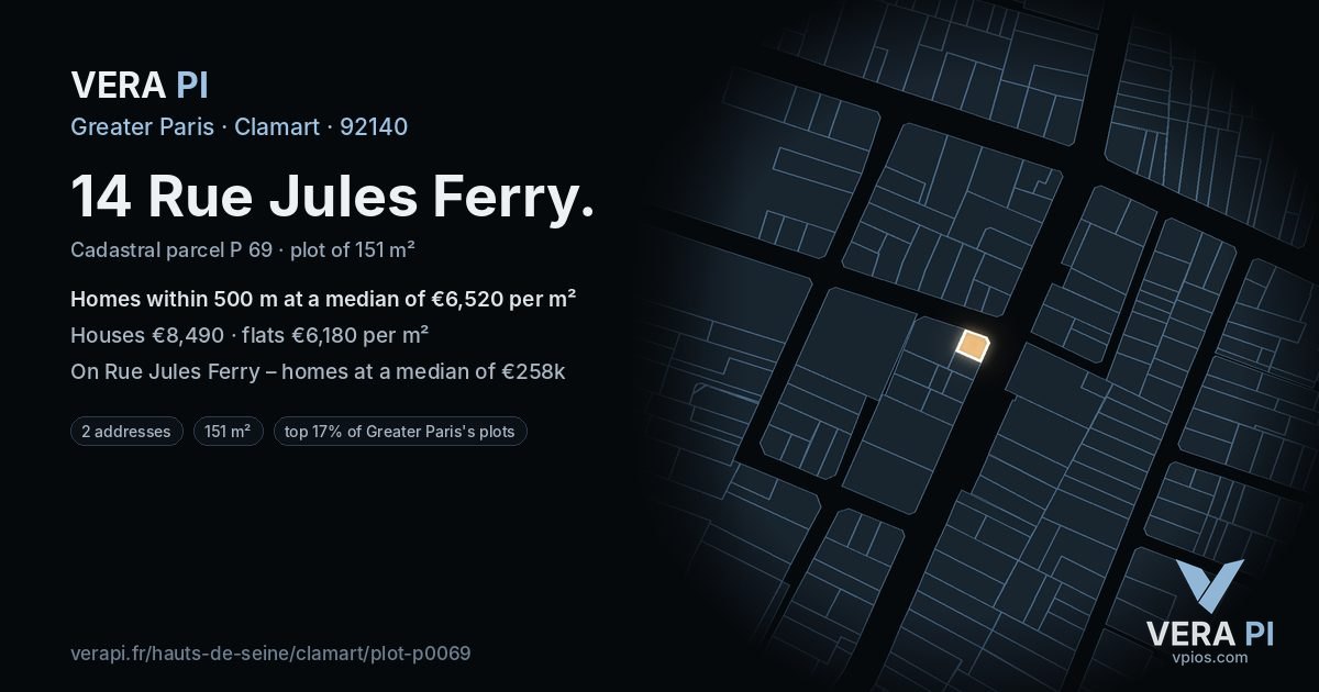14 Rue Jules Ferry, Clamart at night – the plot lit, the parcels around coloured by the prices near them