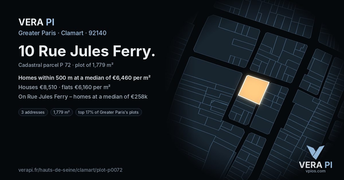 10 Rue Jules Ferry, Clamart at night – the plot lit, the parcels around coloured by the prices near them