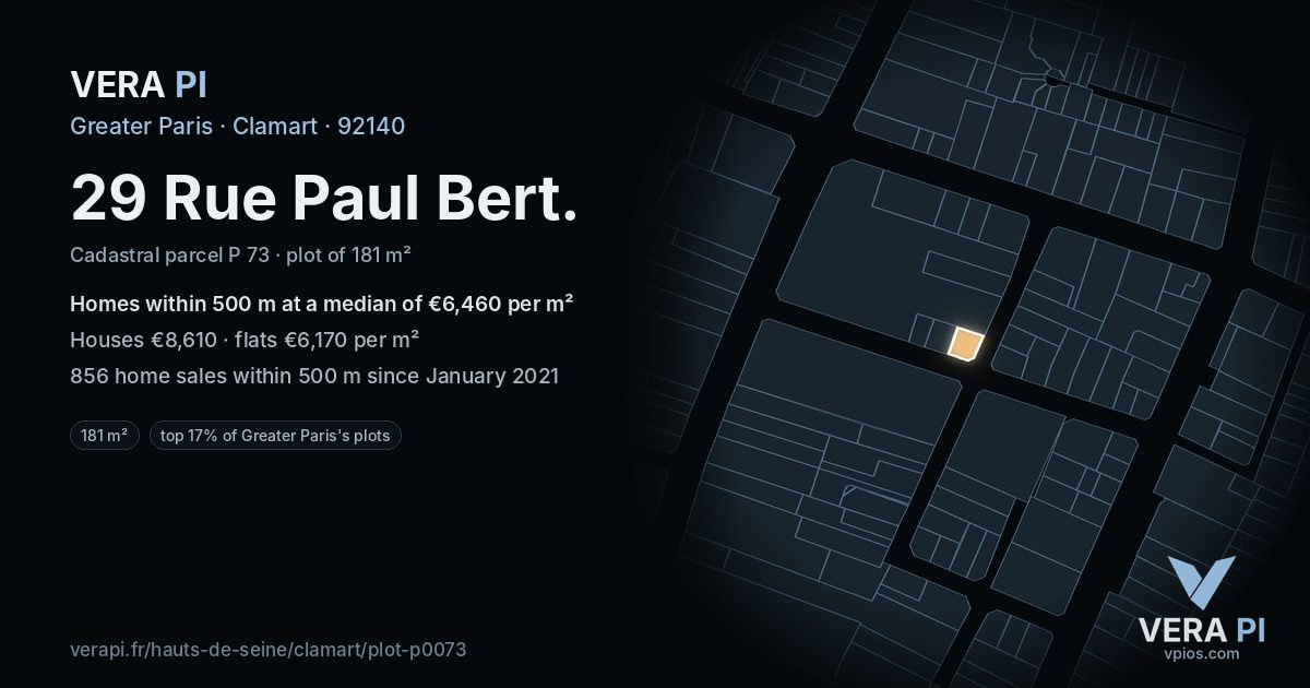 29 Rue Paul Bert, Clamart at night – the plot lit, the parcels around coloured by the prices near them