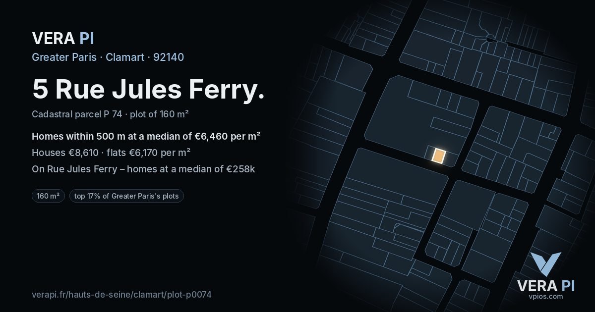 5 Rue Jules Ferry, Clamart at night – the plot lit, the parcels around coloured by the prices near them