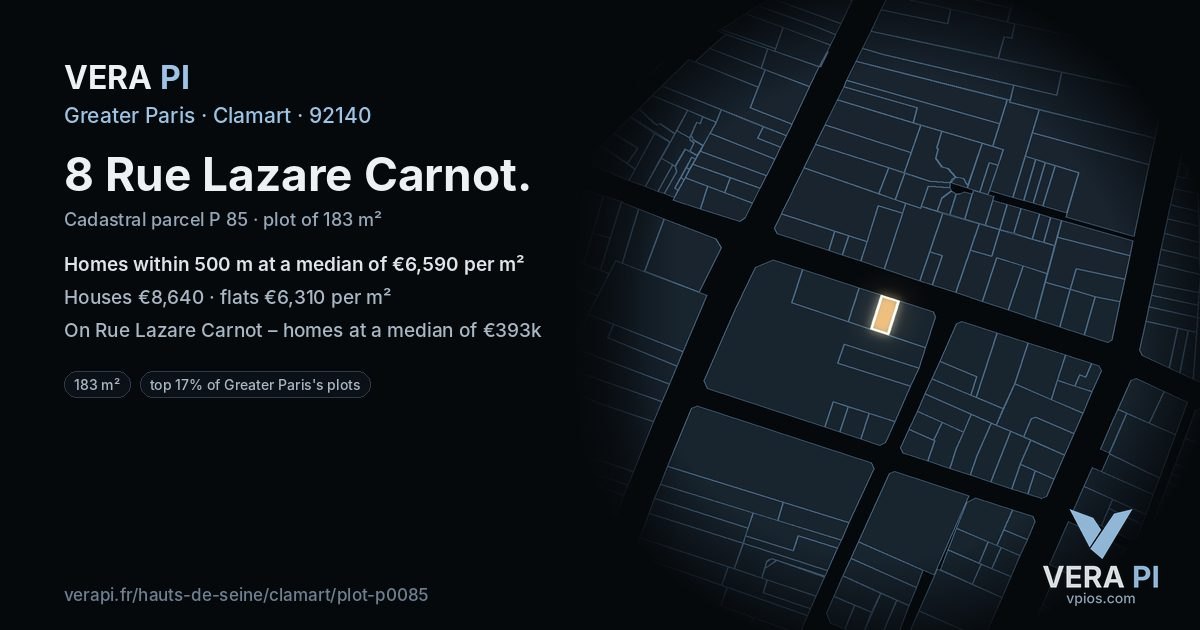 8 Rue Lazare Carnot, Clamart at night – the plot lit, the parcels around coloured by the prices near them