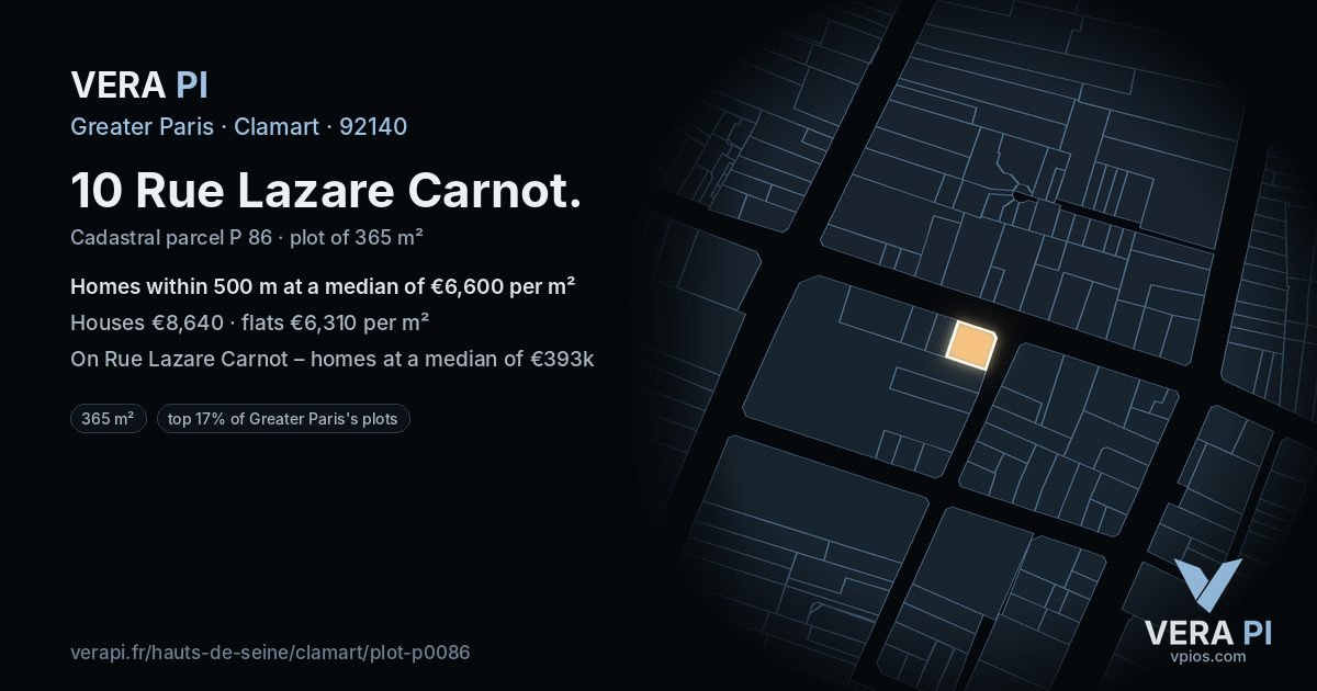 10 Rue Lazare Carnot, Clamart at night – the plot lit, the parcels around coloured by the prices near them