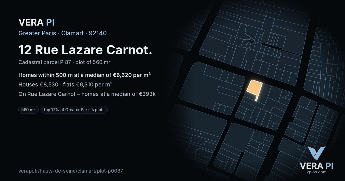 12 Rue Lazare Carnot, Clamart at night – the plot lit, the parcels around coloured by the prices near them