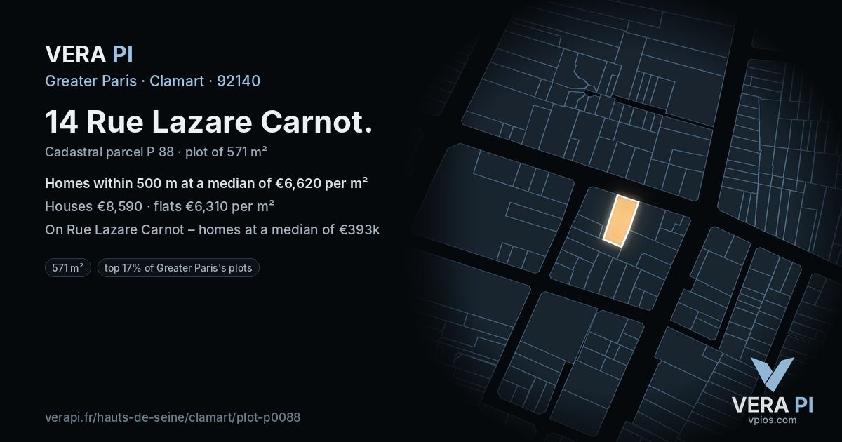 14 Rue Lazare Carnot, Clamart at night – the plot lit, the parcels around coloured by the prices near them