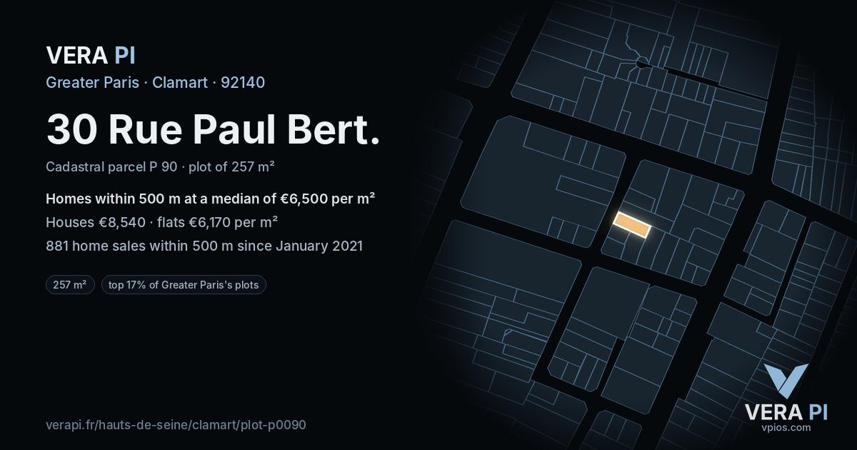 30 Rue Paul Bert, Clamart at night – the plot lit, the parcels around coloured by the prices near them