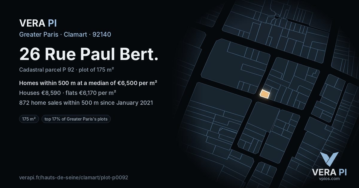 26 Rue Paul Bert, Clamart at night – the plot lit, the parcels around coloured by the prices near them