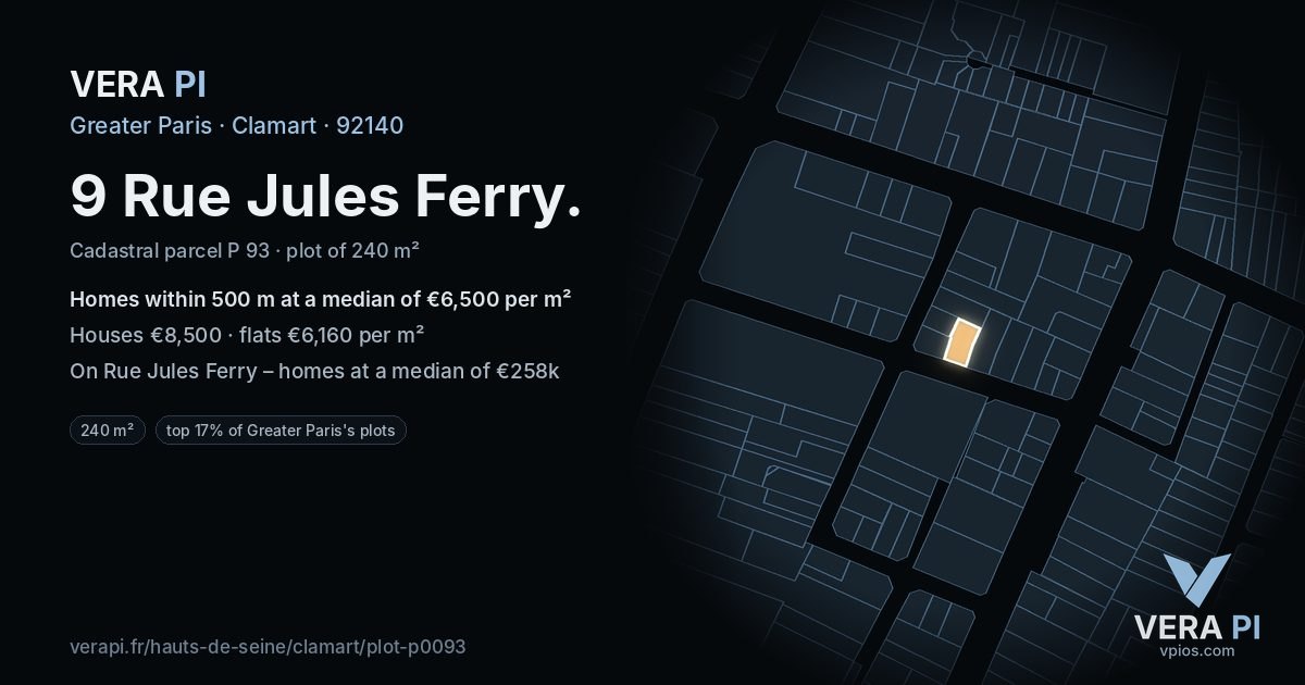 9 Rue Jules Ferry, Clamart at night – the plot lit, the parcels around coloured by the prices near them