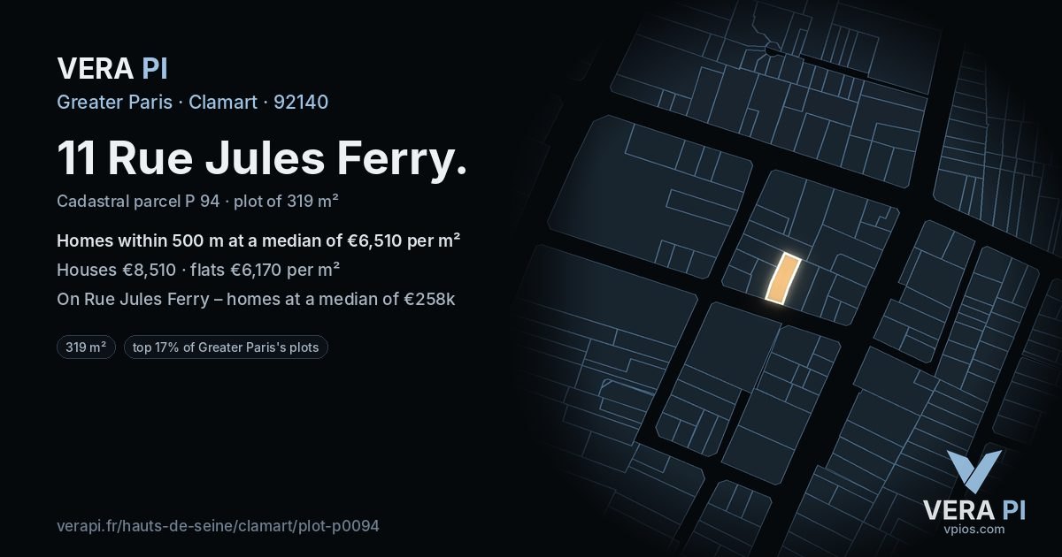 11 Rue Jules Ferry, Clamart at night – the plot lit, the parcels around coloured by the prices near them