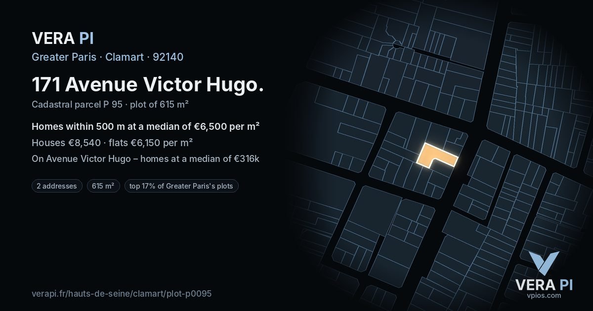 171 Avenue Victor Hugo, Clamart at night – the plot lit, the parcels around coloured by the prices near them