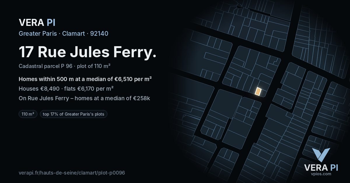 17 Rue Jules Ferry, Clamart at night – the plot lit, the parcels around coloured by the prices near them
