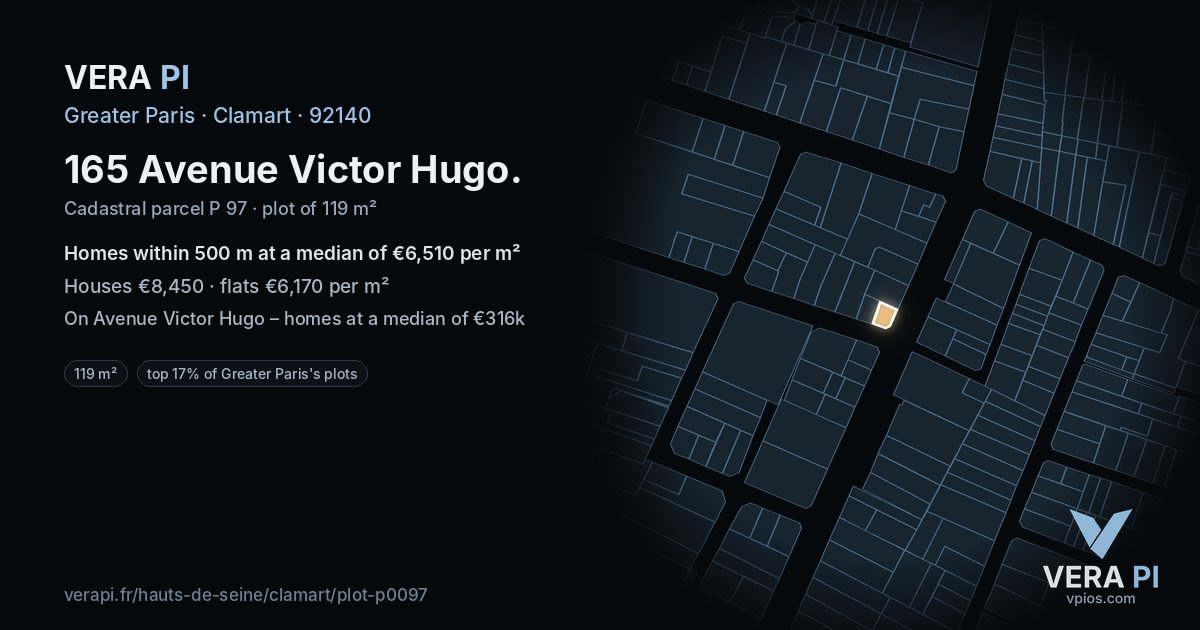 165 Avenue Victor Hugo, Clamart at night – the plot lit, the parcels around coloured by the prices near them