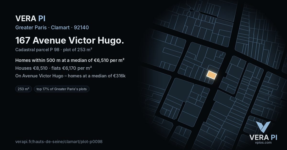 167 Avenue Victor Hugo, Clamart at night – the plot lit, the parcels around coloured by the prices near them