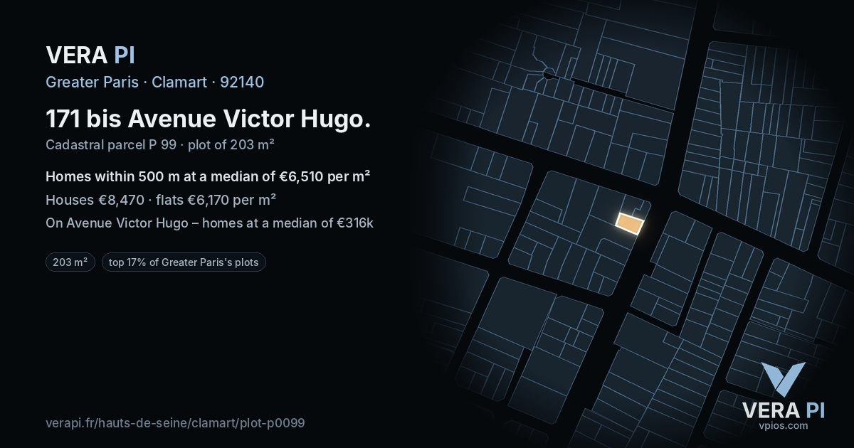 171 bis Avenue Victor Hugo, Clamart at night – the plot lit, the parcels around coloured by the prices near them